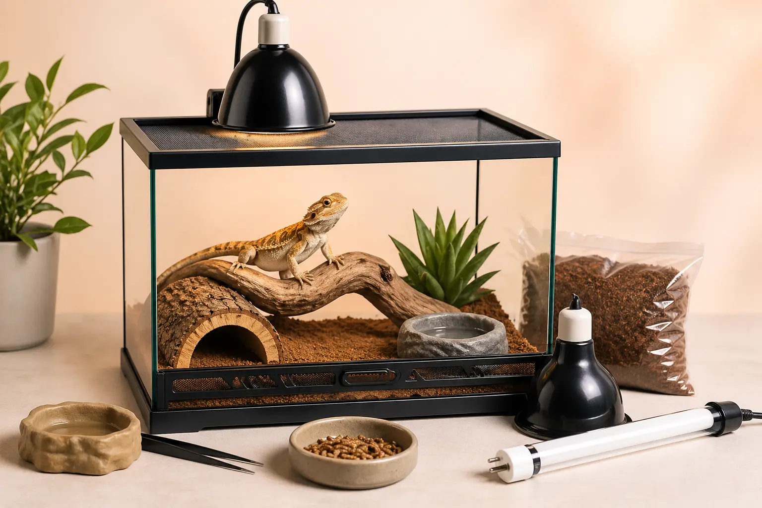 Bearded dragon in a terrarium with starter kit equipment