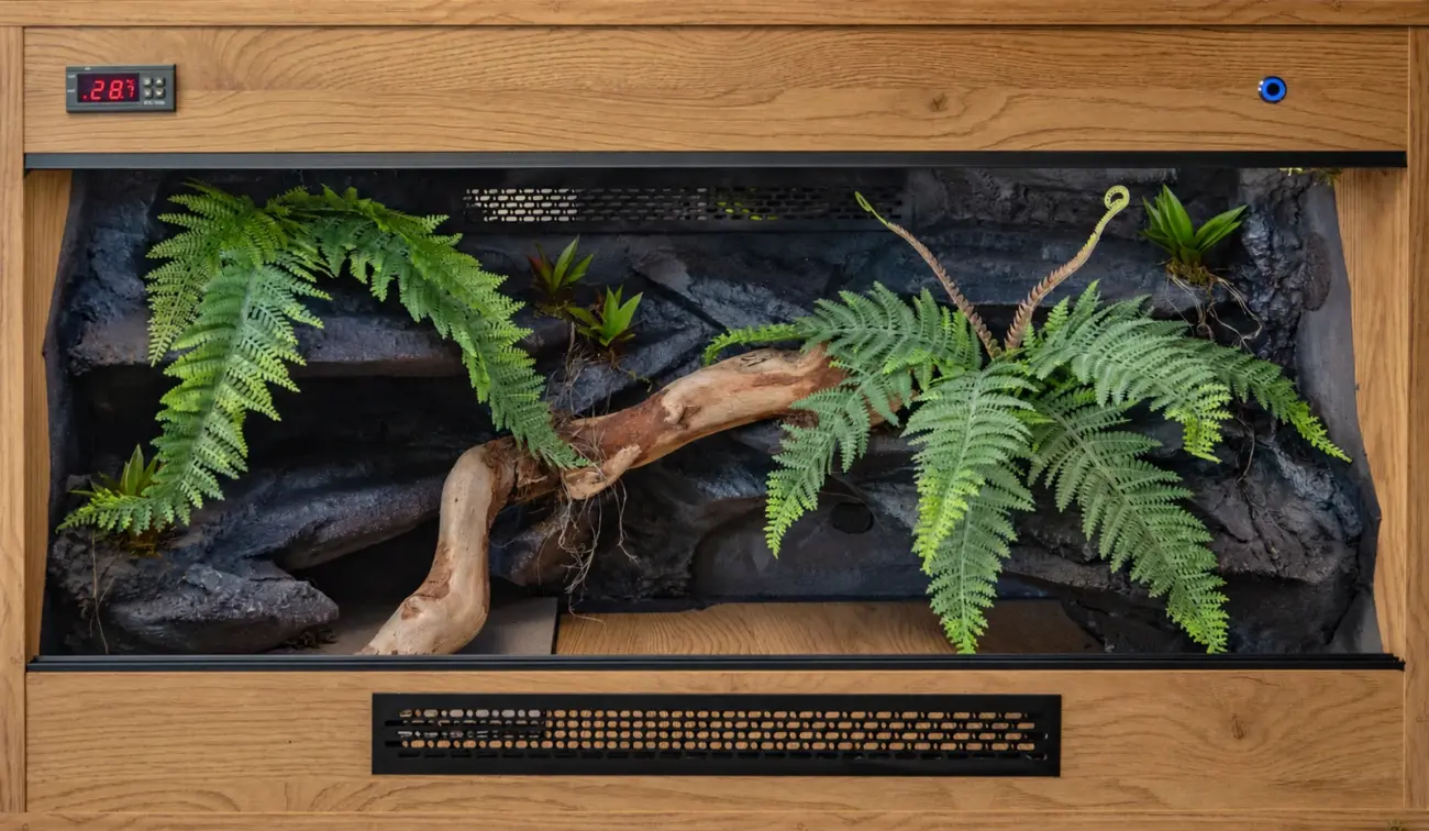 Example wooden vivarium with a structured background, branches and artificial plants